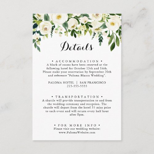 Greenery White Autumn Floral Wedding Details Enclosure Card