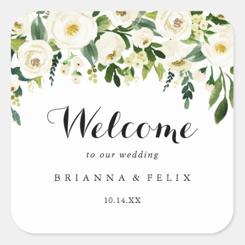 Greenery White Autumn Floral Wedding Welcome Square Sticker
