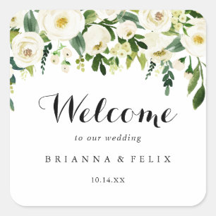 Greenery White Autumn Floral Wedding Welcome Square Sticker