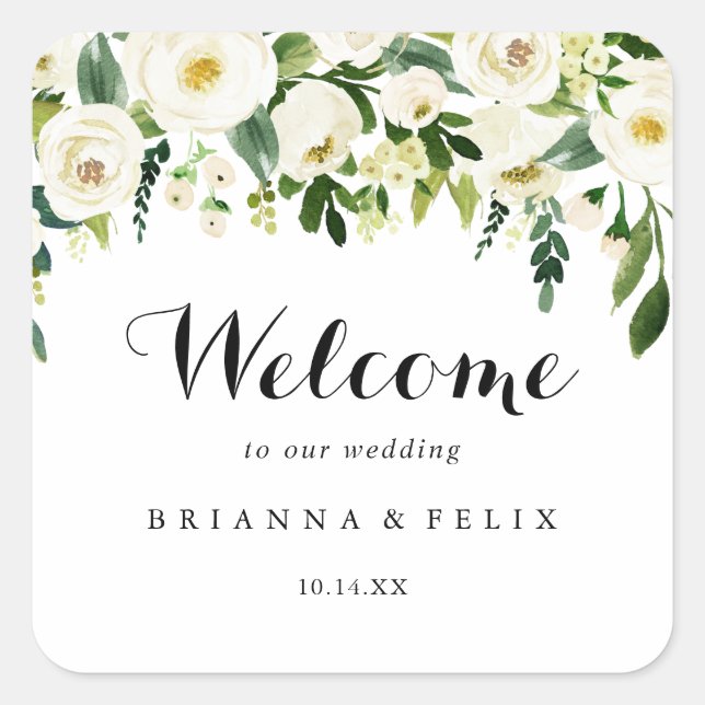 Greenery White Autumn Floral Wedding Welcome Square Sticker (Front)