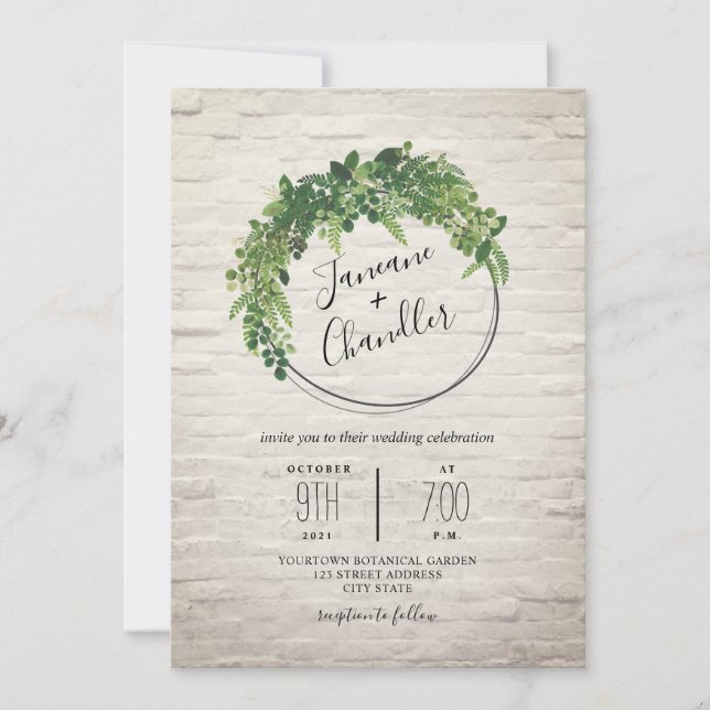 Greenery White Brick Circle Wedding Invitation (Front)