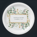 Greenery White | Christmas Holiday Paper Plates<br><div class="desc">These stunning Christmas wedding or party paper plates feature holiday greenery and leaves with faux gold leaves and red holly berries,  and a center gold frame on a modern white background.</div>