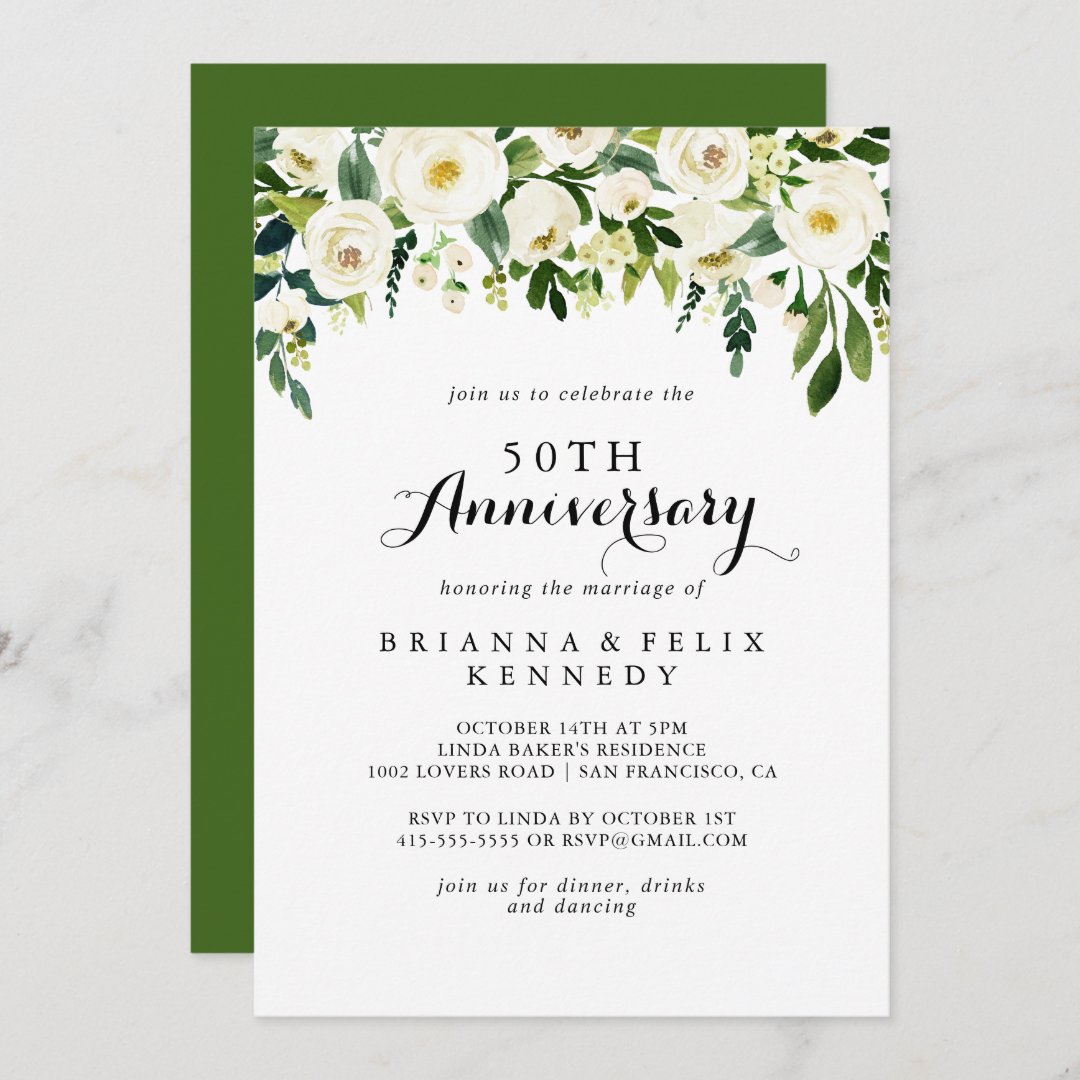 Greenery White Floral 50th Wedding Anniversary Invitation | Zazzle