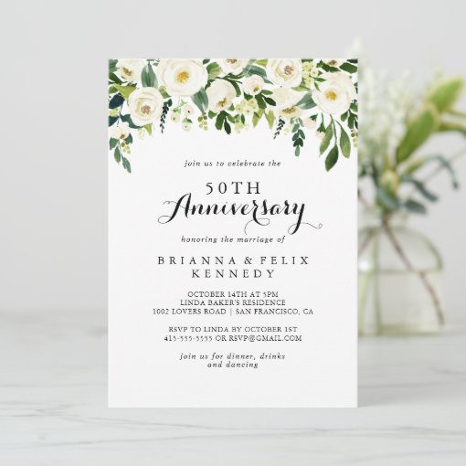 Greenery White Floral 50th Wedding Anniversary Invitation | Zazzle