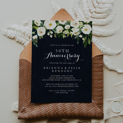 Greenery White Floral 50th Wedding Anniversary  Invitation