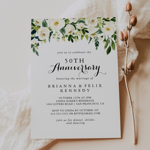 Greenery White Floral 50th Wedding Anniversary Invitation