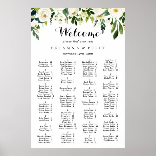 Greenery White Floral Alphabetical Seating Chart
