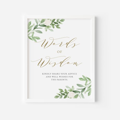 Greenery White Floral Baby Shower Words of Wisdom Foam Board