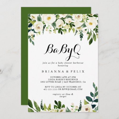 Greenery White Floral BabyQ Baby Shower Barbecue Invitation