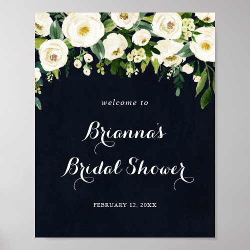 Greenery White Floral Blue Bridal Shower Welcome Poster