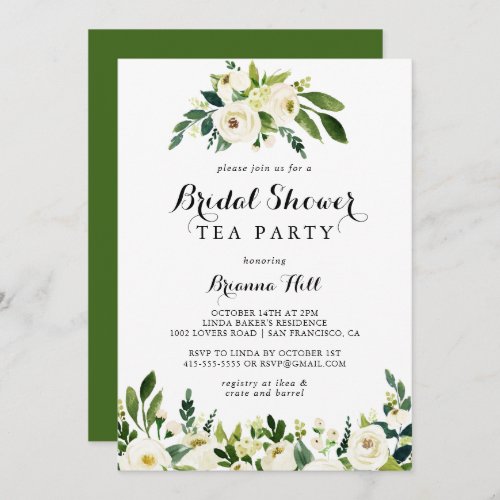 Greenery White Floral Bridal Shower Tea Party Invitation