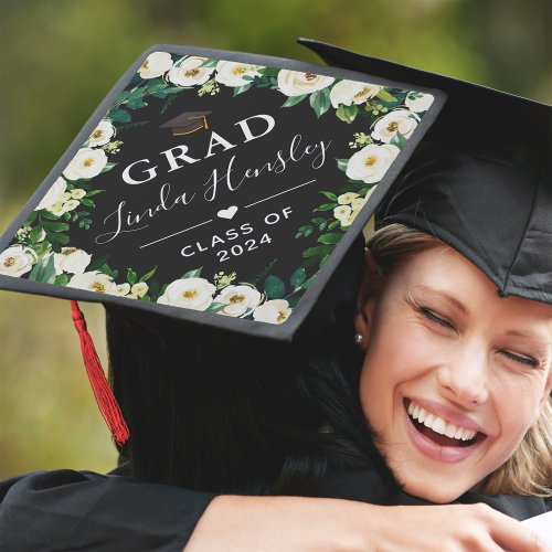 Greenery White Floral  Class of 2024 Graduate Graduation Cap Topper