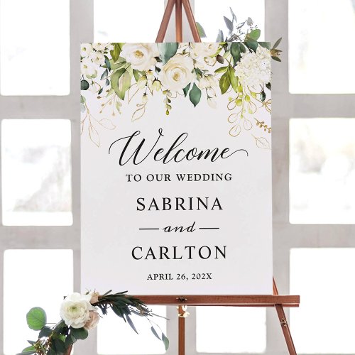 Greenery White Floral Elegant Wedding Sign Foam