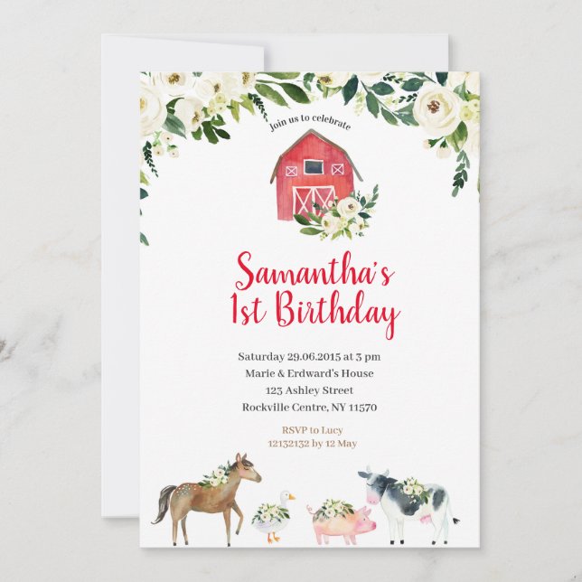 Greenery White Floral Farm 1st Birthday Invitation (Front)