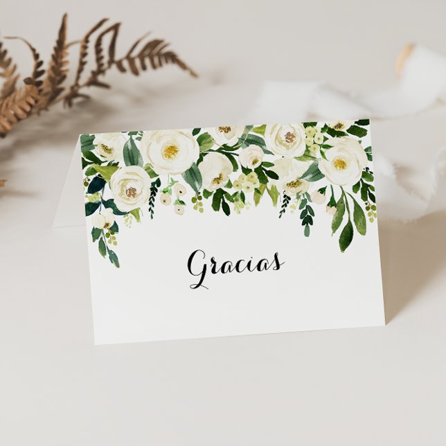 Greenery White Floral Folded Wedding Gracias Card (Creator Uploaded)