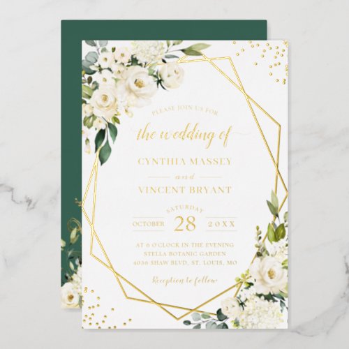 Greenery White Floral Geometric Wedding Real Gold  Foil Invitation