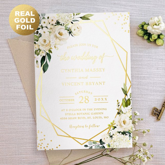 Greenery White Floral Geometric Wedding Real Gold  Foil Invitation (Creator Uploaded)