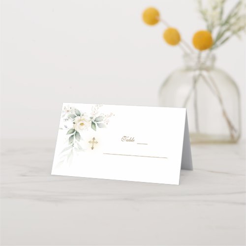 Greenery White Floral Gold Baptism Table Number   Place Card