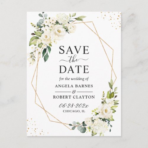 Greenery White Floral Gold Geometric Save the Date Postcard - Greenery White Floral Gold Geometric Save the Date Postcard
