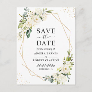 Greenery White Floral Gold Geometric Save the Date Postcard