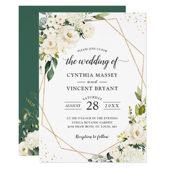 Greenery White Floral Gold Geometric Wedding Invitation