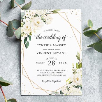 Greenery White Floral Gold Geometric Wedding Invitation by CardHunter at Zazzle