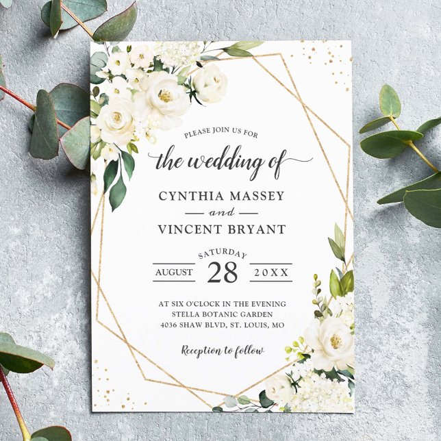 Greenery White Floral Gold Geometric Wedding Invitation (Creator Uploaded)