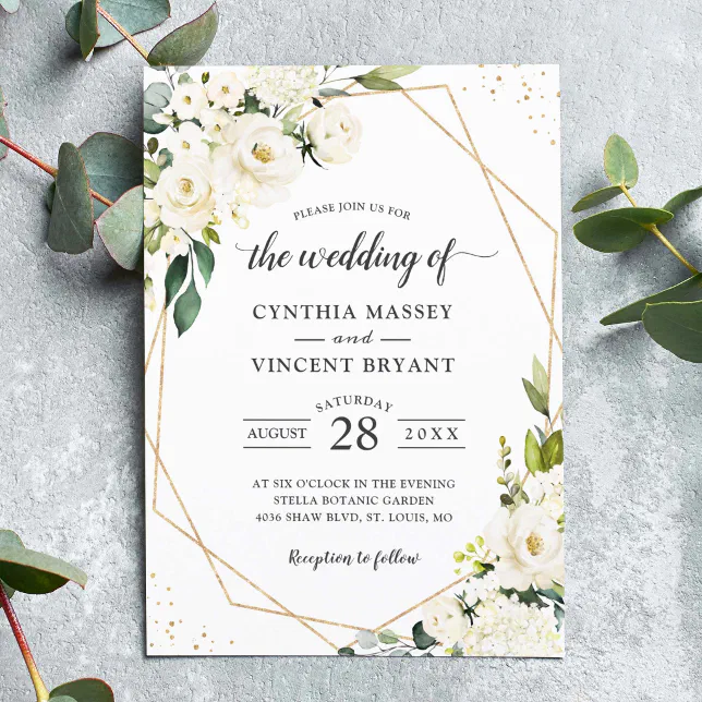 Greenery White Floral Gold Geometric Wedding Invitation | Zazzle