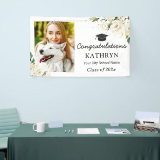 Greenery White Floral Graduation Party Grad Photo Banner