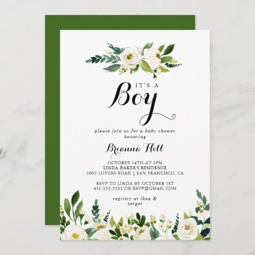 Greenery White Floral Its A Boy Baby Shower Invitation