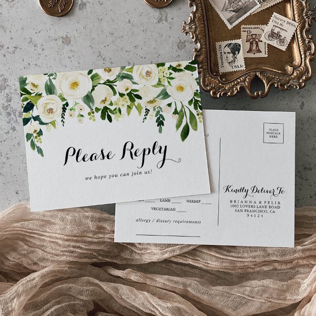 Greenery White Floral Menu Choice RSVP Postcard (Creator Uploaded)