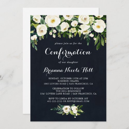 Greenery White Floral Royal Blue Confirmation  Invitation