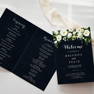 Greenery White Floral Royal Blue Folded Wedding Program
