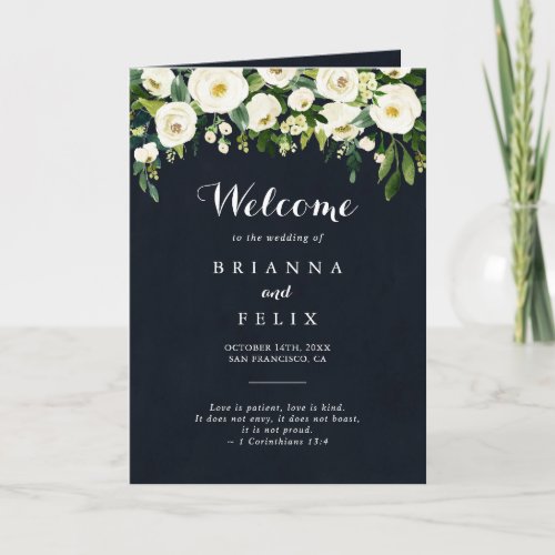 Greenery White Floral Royal Blue Folded Wedding  Program