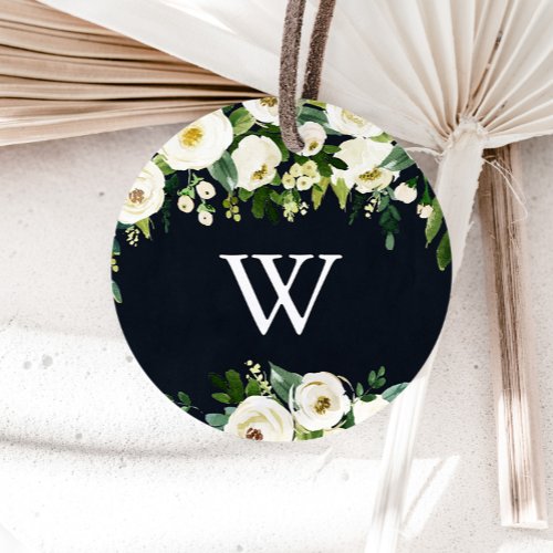 Greenery White Floral Royal Blue Monogram Wedding  Classic Round Sticker