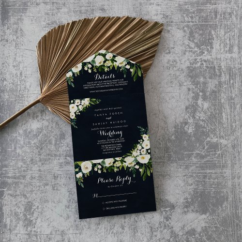 Greenery White Floral Royal Blue Wedding   All In One Invitation