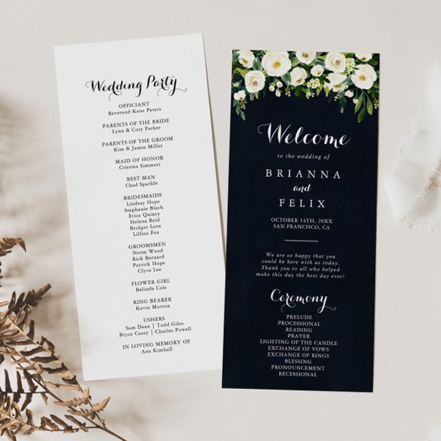 Greenery White Floral Royal Blue Wedding  Program (Creator Uploaded)