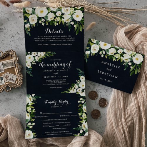 Greenery White Floral Royal Blue Wedding Tri_Fold Invitation