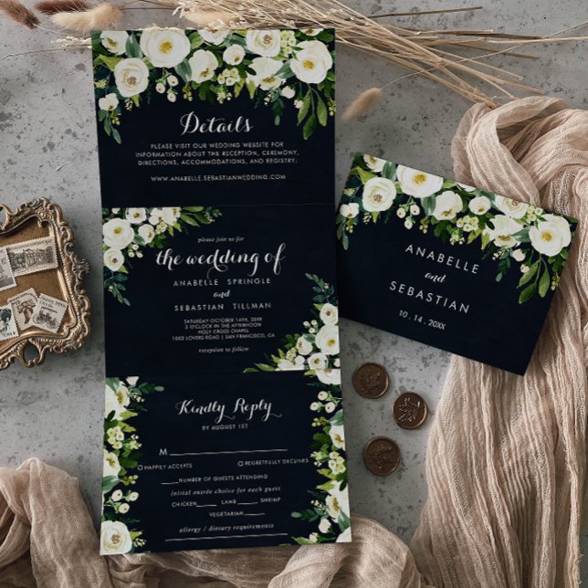 Greenery White Floral Royal Blue Wedding Tri-Fold Invitation (Creator Uploaded)