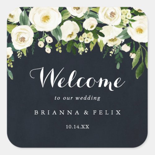 Greenery White Floral Royal Blue Wedding Welcome  Square Sticker