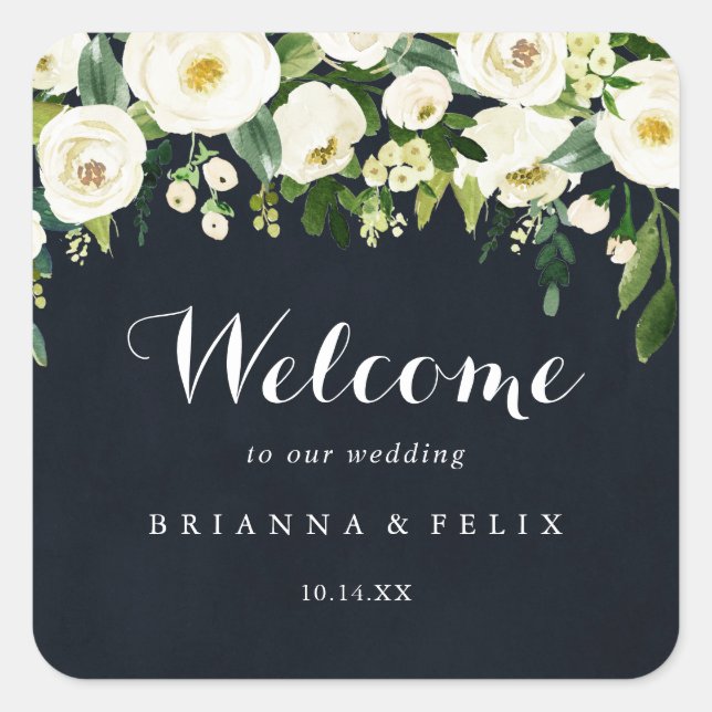 Greenery White Floral Royal Blue Wedding Welcome  Square Sticker (Front)