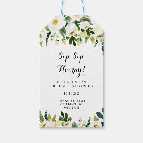Greenery White Floral Sip Sip Hooray Bridal Shower Gift Tags