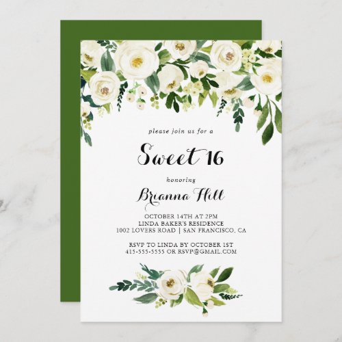 Greenery White Floral Sweet 16 Birthday Party Invitation