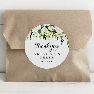 Greenery White Floral Thank You Wedding Favor Classic Round Sticker