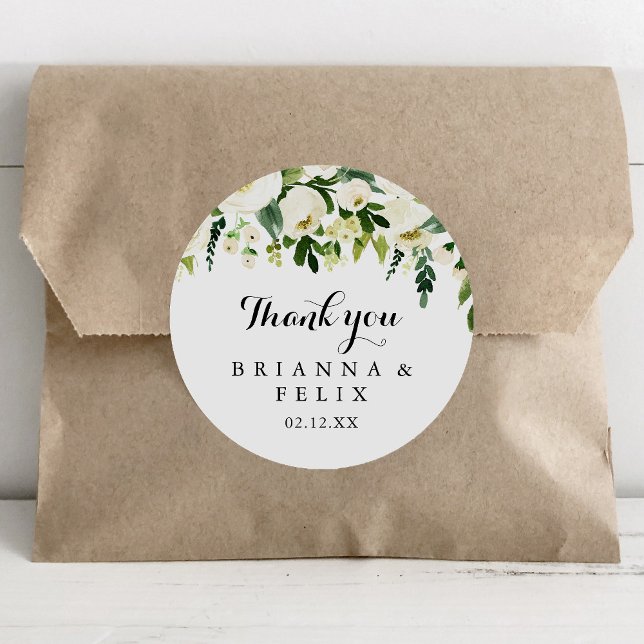 Greenery White Floral Thank You Wedding Favor Classic Round Sticker (Creator Uploaded)