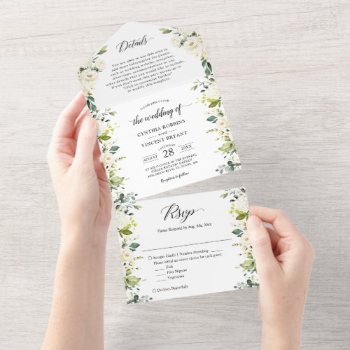 Greenery White Floral Wedding Details RSVP All In One Invitation - These "Greenery White Floral Wedding Details RSVP Wedding All in One Invitations" are designed with an easy to tear off perforated RSVP postcard. Just simply fold each card into the outlined shape, and then seal and send - no envelope needed for shipping. Greenery White Floral Wedding Details RSVP All In One Invitation - These "Greenery White Floral Wedding Details RSVP Wedding All in One Invitations" are designed with an easy to tear off perforated RSVP postcard. Just simply fold each card into the outlined shape, and then seal and send - no envelope needed for shipping.