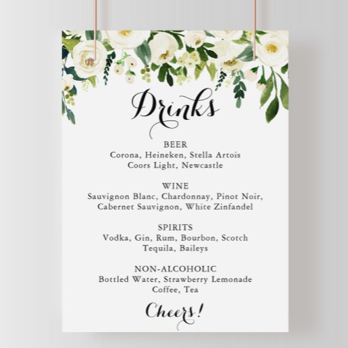 Greenery White Floral Wedding Drinks Menu Sign