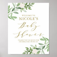 Greenery White Flowers Gold Baby Shower Welcome Poster