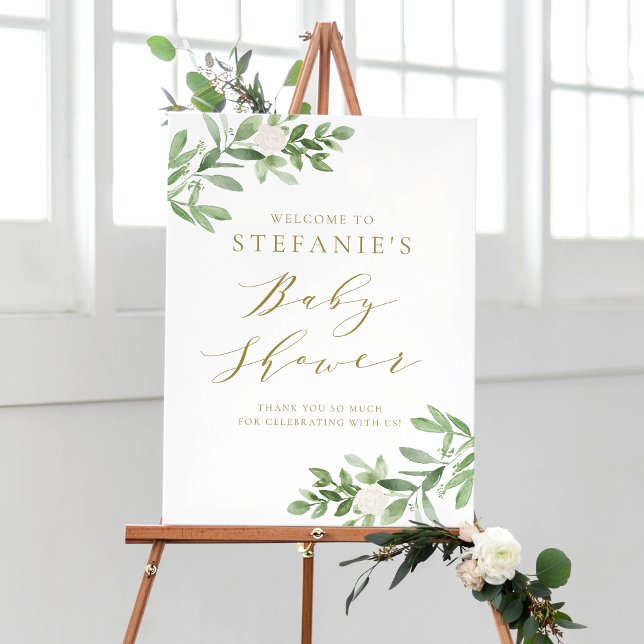 Greenery White Flowers Gold Baby Shower Welcome Poster (Creator Uploaded)