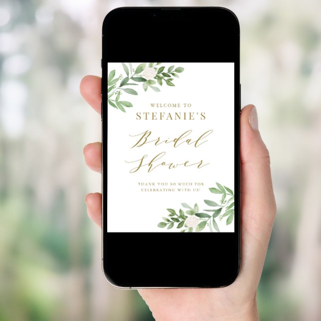 Greenery White Flowers Gold Bridal Shower Welcome Poster (Front Digital)